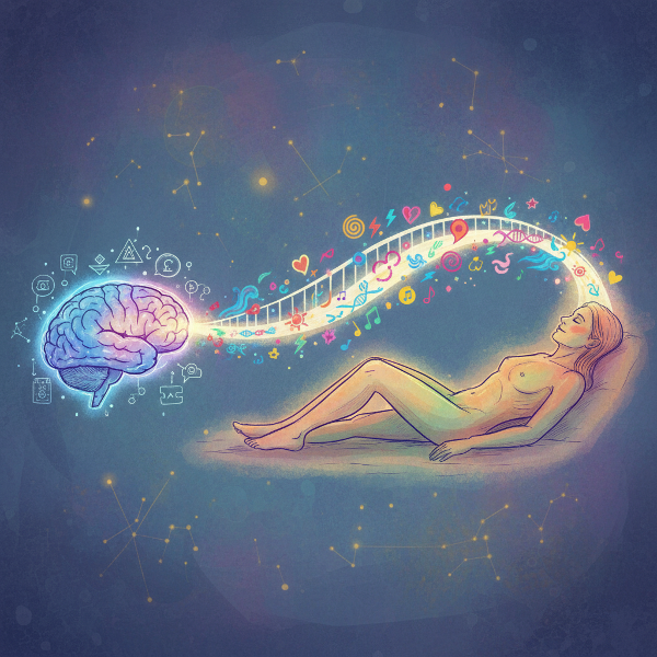 Illustrazione di un ponte luminoso che collega una testa pensante a un corpo umano, con flussi di energia e simboli emotivi che rappresentano la connessione mente-corpo.