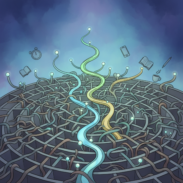 Un'illustrazione simbolica che mostra un labirinto complesso formato da routine e schemi quotidiani, con percorsi luminosi che rappresentano la consapevolezza e la possibilità di cambiamento.