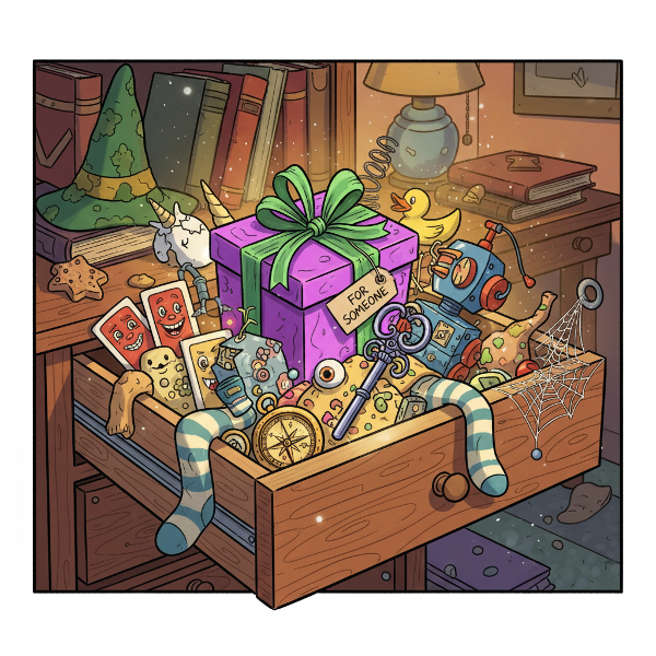 Un'illustrazione umoristica e colorata di un cassetto aperto che trabocca di oggetti strani, curiosi e dimenticati, con una luce calda che li illumina.