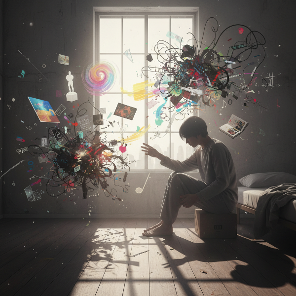 Un'illustrazione che mostra una figura in solitudine, con pensieri astratti che emergono dalla mente come forme creative e turbolente, in un ambiente sospeso tra luce e ombra.