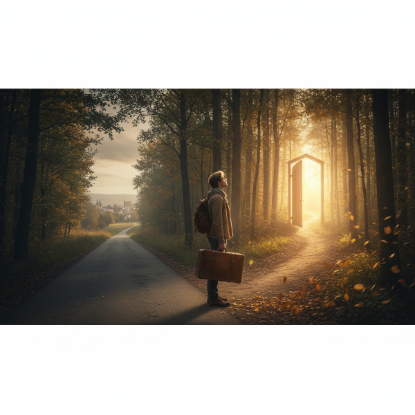 Illustrazione di una persona in un momento di transizione, sospesa tra un percorso familiare e uno sconosciuto, circondata da simboli di cambiamento come una valigia, foglie autunnali e una porta che si apre verso nuove possibilità luminose.