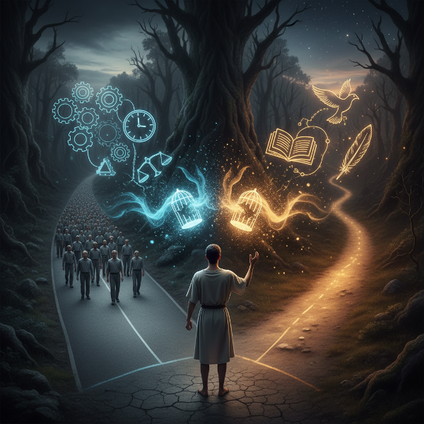 Un'illustrazione che mostra un individuo di fronte a due strade divergenti, rappresentando la scelta tra conformità sociale e percorso personale originale.