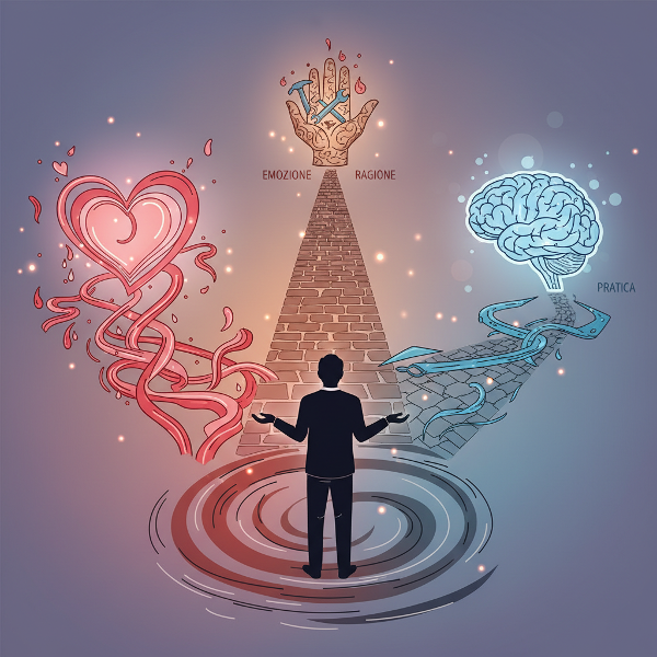 Illustrazione concettuale che mostra una persona di fronte a tre percorsi che rappresentano diversi stili di gestione dei conflitti: emotivo, razionale e pratico.