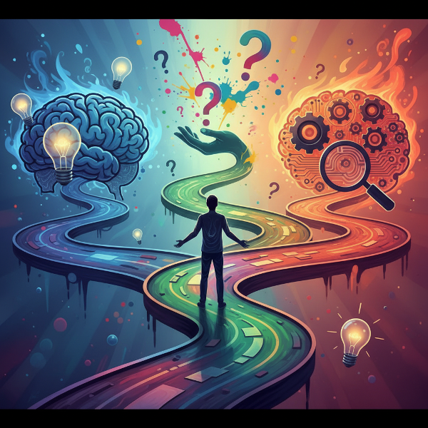 Un'illustrazione simbolica di un individuo di fronte a percorsi mentali divergenti, con elementi che rappresentano il pensiero analitico, l'intuizione e l'incertezza nella risoluzione dei problemi.