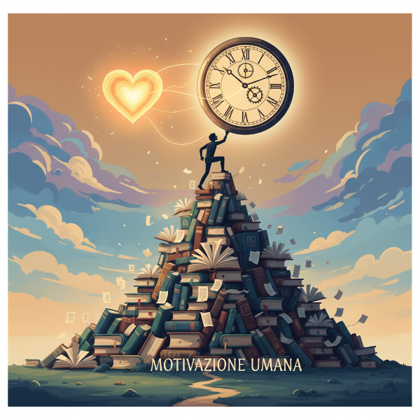 Un'immagine allegorica che rappresenta la lotta tra procrastinazione e motivazione, con elementi simbolici come una montagna di compiti, un orologio e una luce interiore.