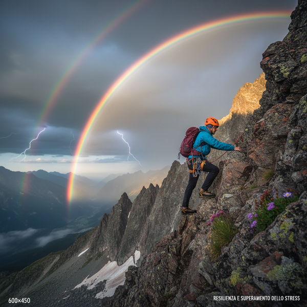 Un'illustrazione simbolica che rappresenta il superamento delle difficoltà e la resilienza, con una persona che scala verso la luce dopo una tempesta.