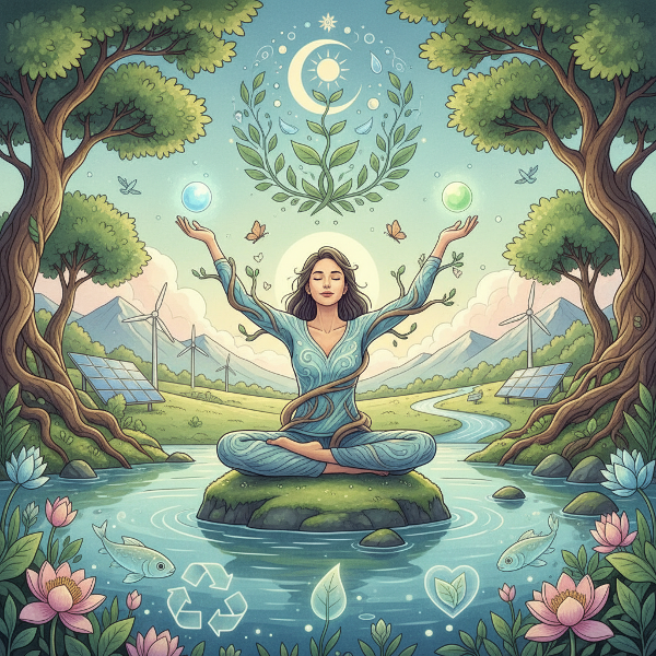 Un'immagine che rappresenta l'equilibrio tra benessere personale e natura, con elementi simbolici di eco-terapia e consapevolezza ambientale.