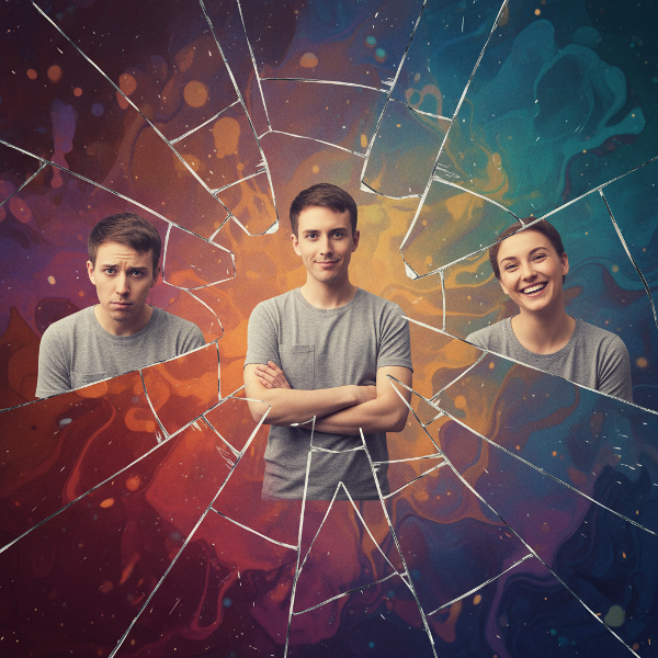 Un'illustrazione simbolica che rappresenta l'autopercezione e l'autostima attraverso diversi riflessi di una persona in uno specchio frammentato.