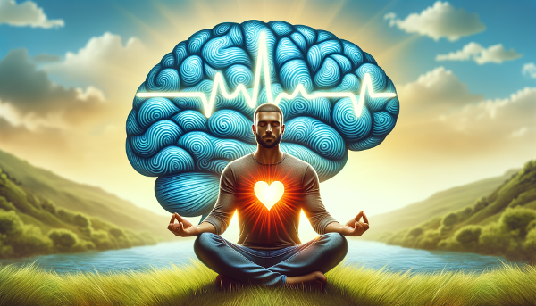 Un'illustrazione che rappresenta la gestione dello stress attraverso una figura calma circondata da simboli di equilibrio mentale ed emotivo in un paesaggio naturale.