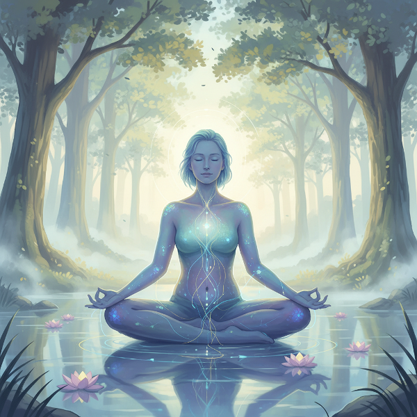 Un'illustrazione che mostra la connessione armoniosa tra mente e corpo in un contesto naturale e rilassante.