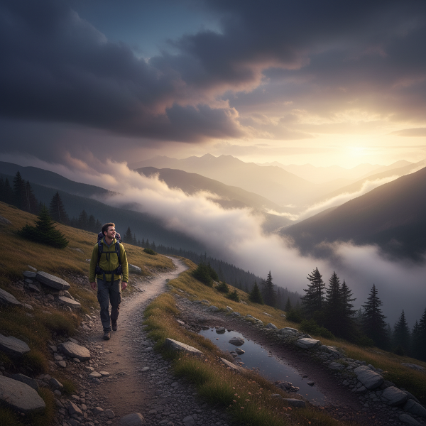 Un'immagine metaforica che mostra un individuo che procede con calma su un sentiero di montagna, mentre supera un temporale per raggiungere un paesaggio luminoso e sereno, simboleggiando il viaggio attraverso le difficoltà verso la forza interiore.