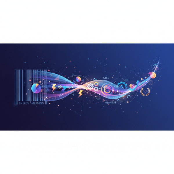 Un'immagine astratta che rappresenta un 'codice di lavoro' personale, dove elementi come energia, ruoli e significato si intrecciano in un percorso luminoso verso una carriera soddisfacente.