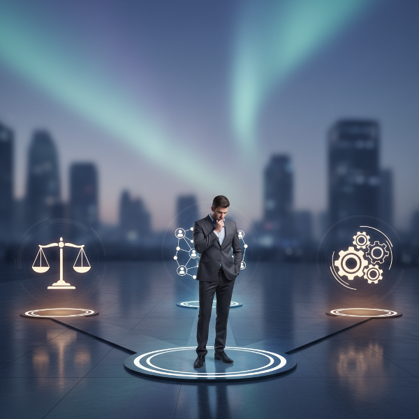 Un'illustrazione che mostra una persona in un ambiente lavorativo simbolico, circondata da icone che rappresentano scelte pratiche, sociali e analitiche, con un'aura di riflessione e direzione.