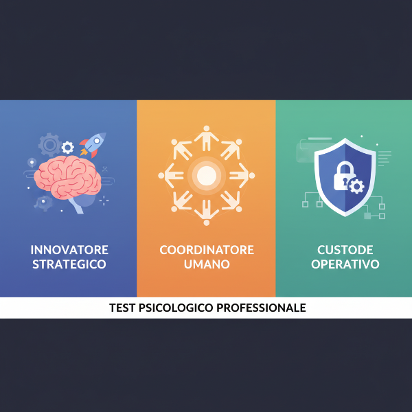 Un'illustrazione concettuale che rappresenta i tre profili professionali del test: un pensatore strategico, un coordinatore di team e un custode operativo, in uno stile grafico moderno e pulito.