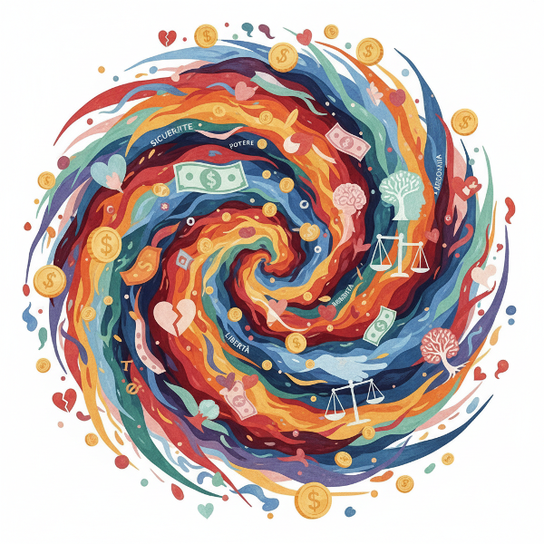 Un'immagine astratta che fonde simboli monetari con elementi emotivi e psicologici, rappresentando l'esplorazione dell'archetipo finanziario interiore.