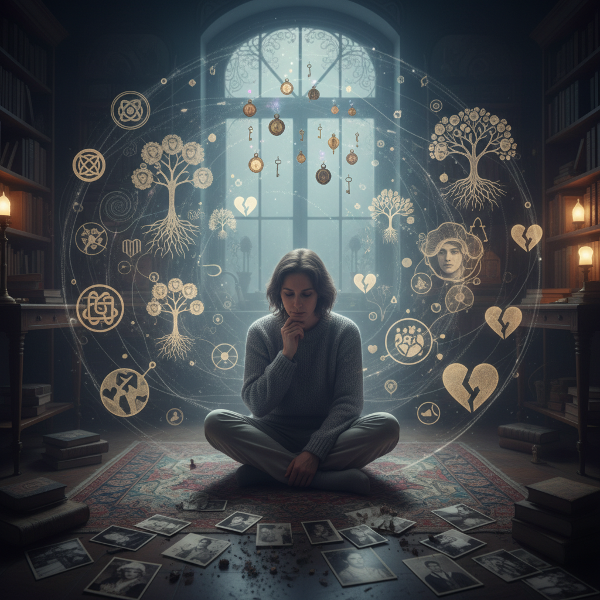 Un'illustrazione che rappresenta una persona in un momento di introspezione, con elementi astratti che simboleggiano legami emotivi e dinamiche relazionali interiorizzate.