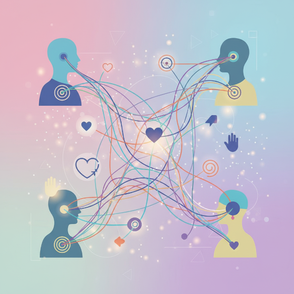 Illustrazione astratta che rappresenta la comunicazione umana attraverso linee colorate e simboli di connessione emotiva.