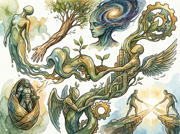 Un'immagine astratta che rappresenta diversi stili di adattamento umano, con elementi fluidi, stabili e innovativi che simboleggiano la trasformazione personale di fronte alle sfide.