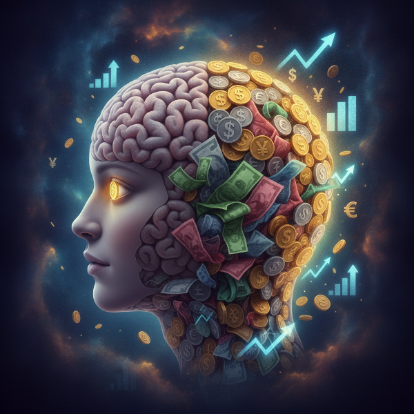 Illustrazione surreale di un cervello umano composto per metà da monete e banconote, simboli finanziari luminosi che fluttuano intorno, espressione calma e introspettiva.