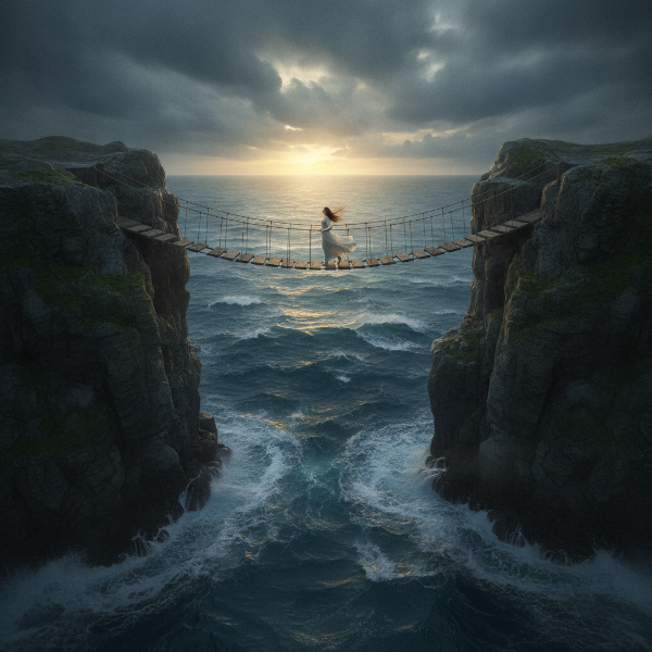 Un'immagine simbolica di resilienza: una figura femminile cammina con equilibrio su un ponte di corda sopra un mare in tempesta, mentre il cielo si apre in raggi di sole. Rappresenta la capacità di affrontare i cambiamenti e trovare stabilità nelle difficoltà.