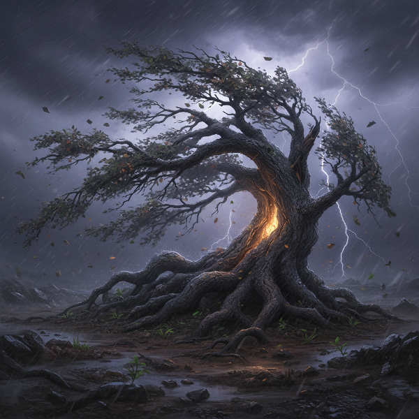 Un albero forte che resiste al vento, con radici profonde e rami flessibili, rappresentando la capacità di adattamento e crescita dopo le difficoltà.