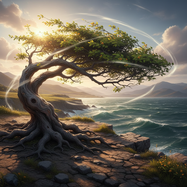 Illustrazione simbolica di un albero resistente che rappresenta la capacità di assorbire pressioni e trasformare le esperienze difficili in forza interiore.