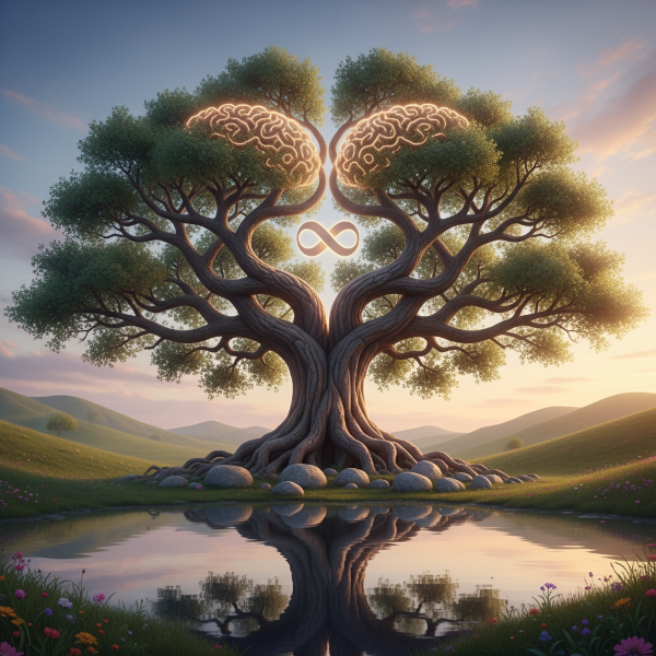 Un'immagine simbolica che rappresenta l'equilibrio interiore attraverso un albero radicato e armonioso, con elementi che suggeriscono integrazione e centratura.