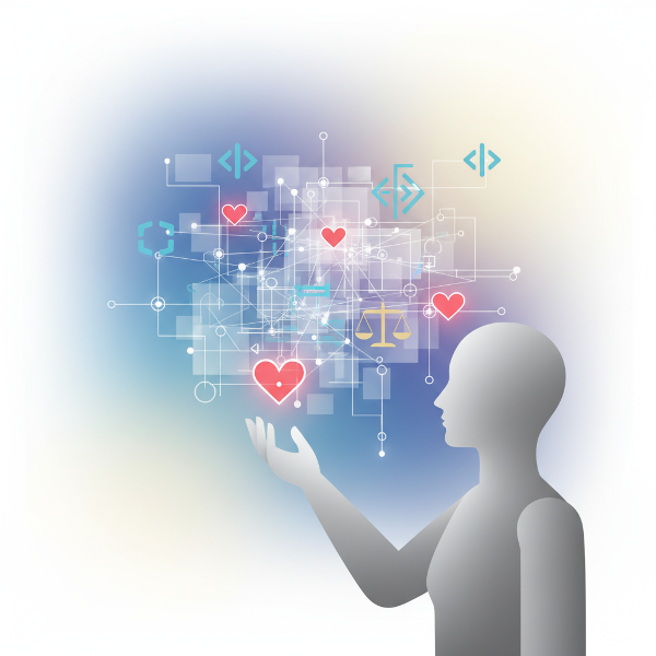 Un'immagine astratta che rappresenta l'analisi delle dinamiche sociali attraverso una rete di connessioni trasparente, con elementi simbolici di pensiero, emozione e giudizio.