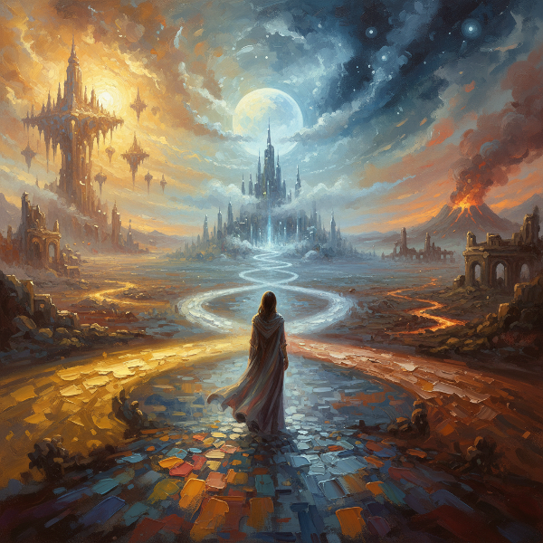 Un'illustrazione simbolica che mostra un individuo in contemplazione di fronte a tre percorsi luminosi, rappresentanti diverse motivazioni interiori, in un paesaggio surreale e intimo.