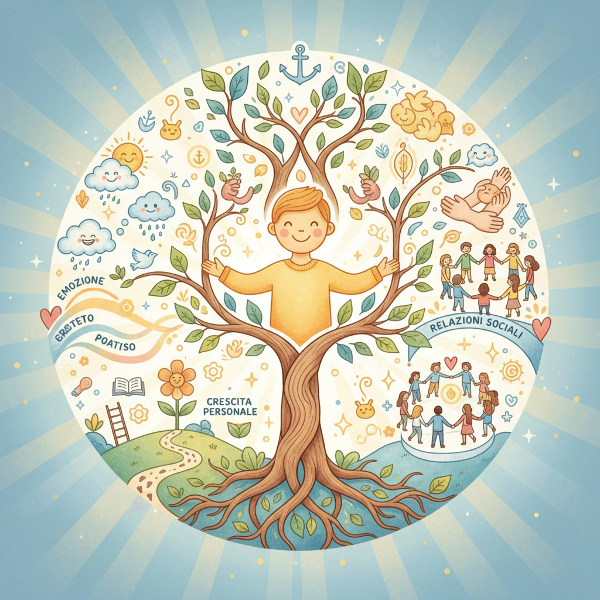 Un'immagine simbolica che mostra una persona in equilibrio tra emozioni positive, obiettivi di crescita e connessioni sociali, con elementi che suggeriscono resilienza e riflessione.