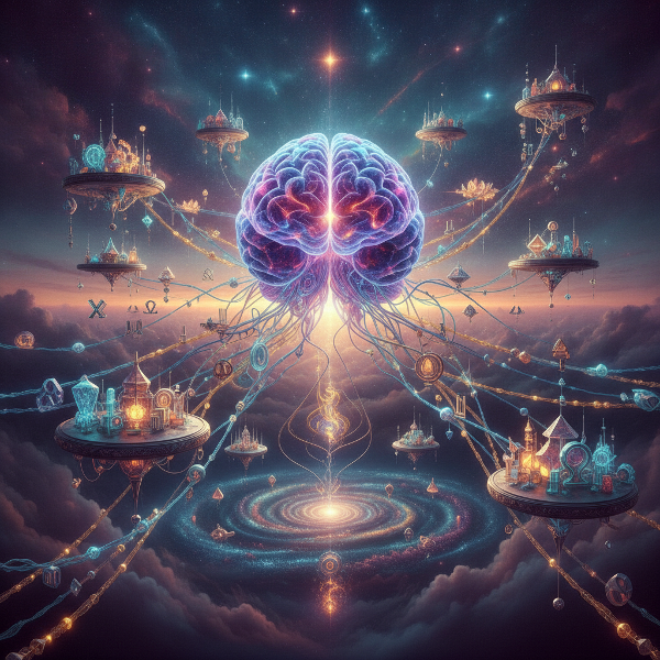 Illustrazione surreale di un cervello con ponti neurali che collegano isole di idee astratte.