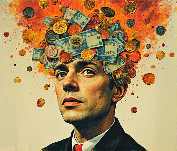 Un'illustrazione surrealista raffigurante un profilo umano stilizzato, con la testa aperta che rivela un paesaggio interiore fatto di monete, banconote e grafici finanziari. Colori caldi e freddi si mescolano, trasmettendo emozioni contrastanti legate al denaro.