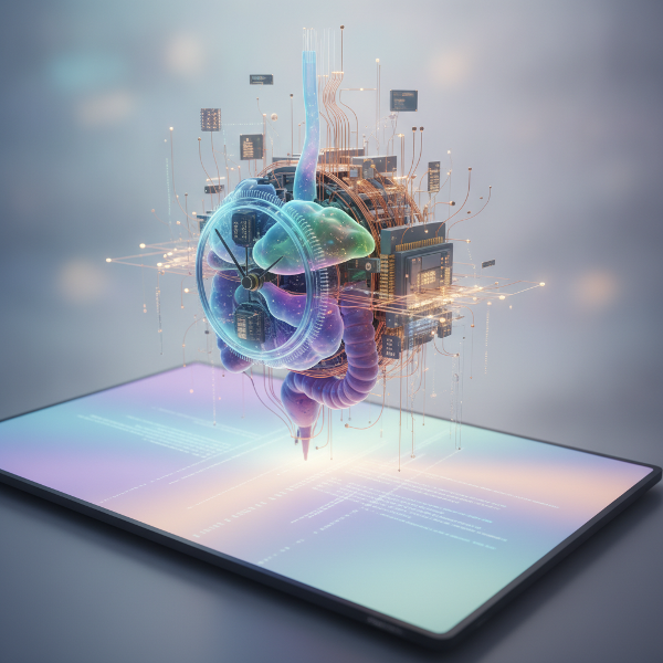 Un'illustrazione che mostra un orologio da polso classico che si fonde con un display digitale, con onde cerebrali stilizzate che sincronizzano i due elementi, su sfondo pastello con elementi naturali e tecnologici.