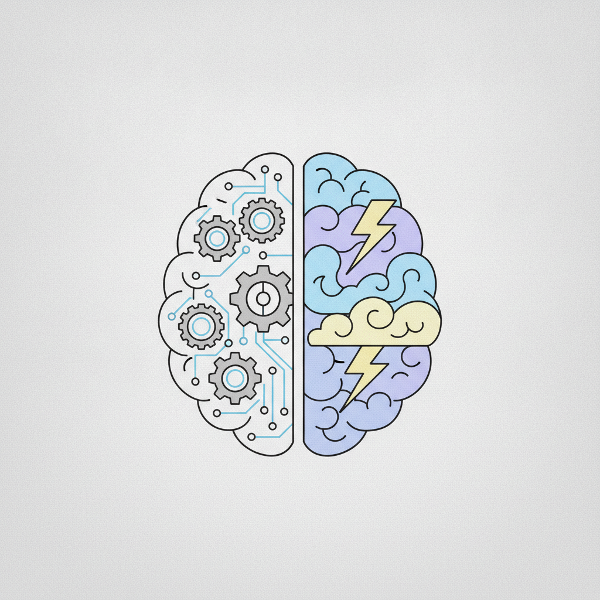 Cervello diviso tra logica e intuizione con simboli di decisione