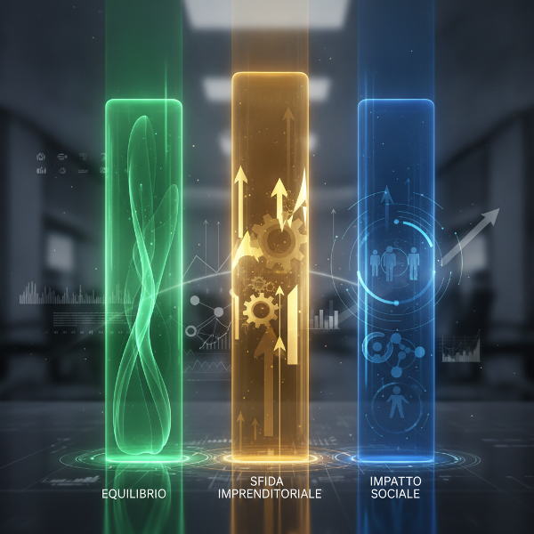 Tre pilastri colorati che rappresentano equilibrio, imprenditorialità e servizio sociale.