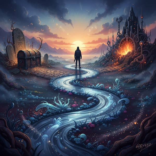 Un'illustrazione simbolica che mostra tre percorsi di vita diversi, rappresentanti gli stili alchemici di trasformazione, in un paesaggio onirico e suggestivo.