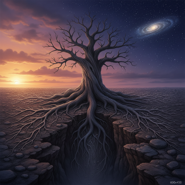 Illustrazione simbolica di un albero con tre sistemi radicali diversi che rappresentano gli stili relazionali Coltivatore, Stratega ed Esploratore, su uno sfondo di transizione dal giorno alla notte.