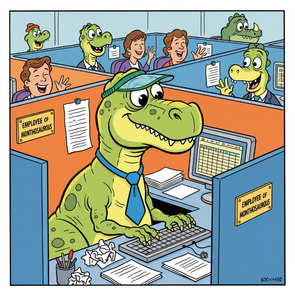 Un ufficio con un T-Rex che lavora al computer tra scadenze e caffè.