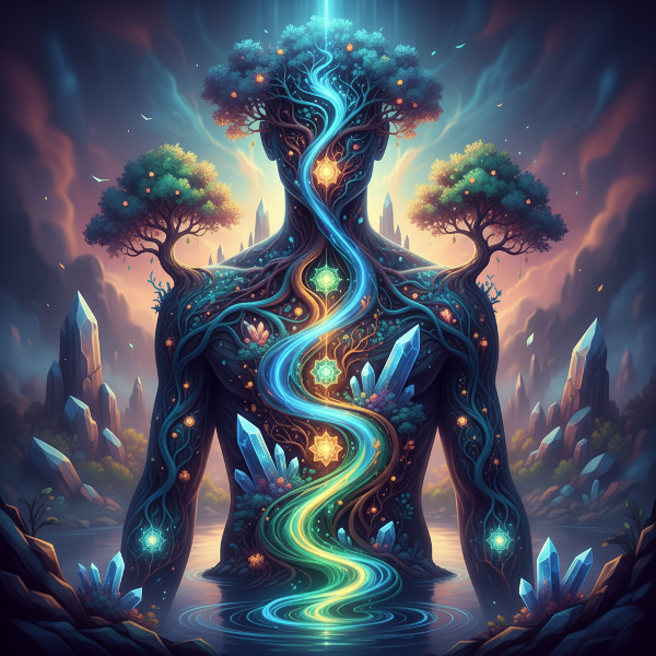 Un'immagine che rappresenta un flusso di energia luminosa e colorata che attraversa un paesaggio interiore, simbolizzando vitalità, armonia e superamento delle sfide.