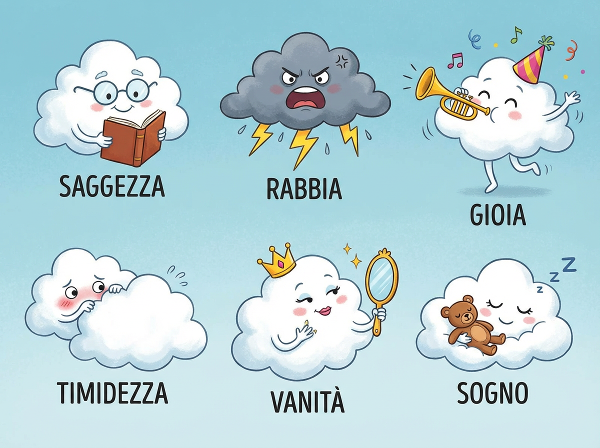 Illustrazione stilizzata di nuvole antropomorfe in un cielo azzurro, ognuna con espressioni uniche che riflettono diverse personalità, per un test online divertente.