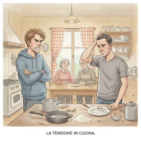 Una scena familiare intensa con due uomini adulti in discussione mentre sullo sfondo una coppia di anziani siede a tavola, simbolo del conflitto di gestione.