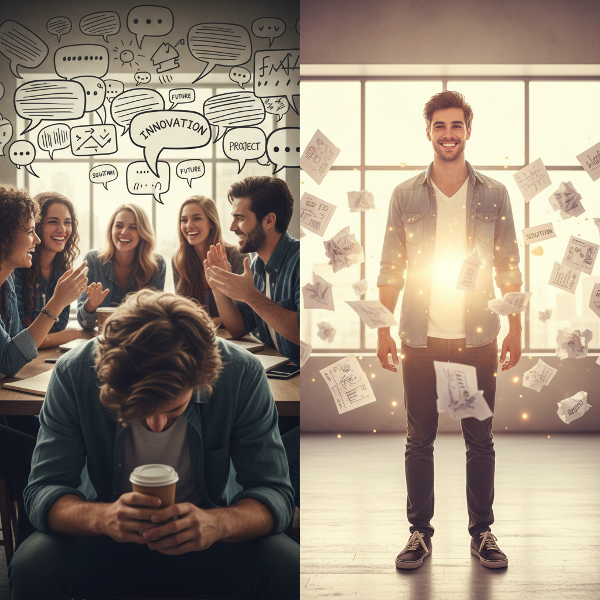 Un'illustrazione che mostra il contrasto tra la timidezza di un giovane in gruppo e la sua sicurezza interiore quando è solo, con simboli di idee represse e potenziale inespresso.