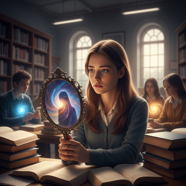 Un'illustrazione che mostra una studentessa universitaria che si sente inadeguata tra i compagni, ma uno specchio rivela il suo potenziale nascosto.