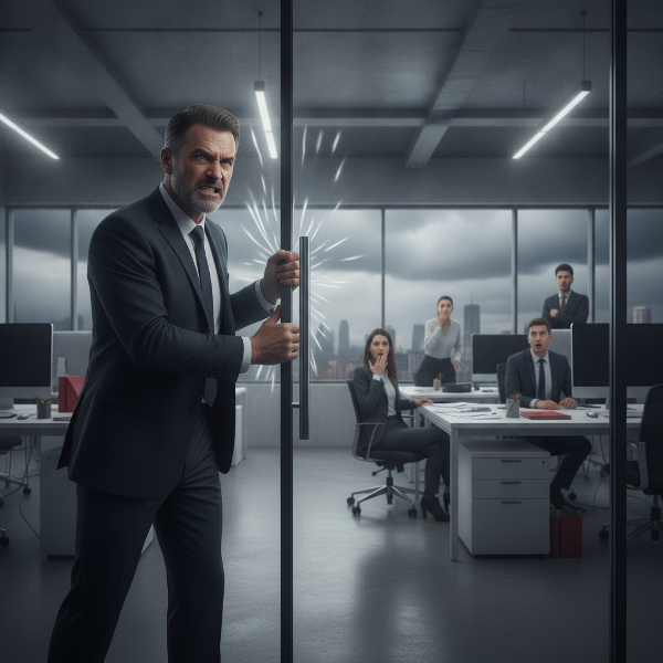 Un professionista in un ambiente d'ufficio afferra una porta con rabbia, mentre colleghi reagiscono con sorpresa e tensione, simboleggiando un momento di crisi emotiva sul lavoro.