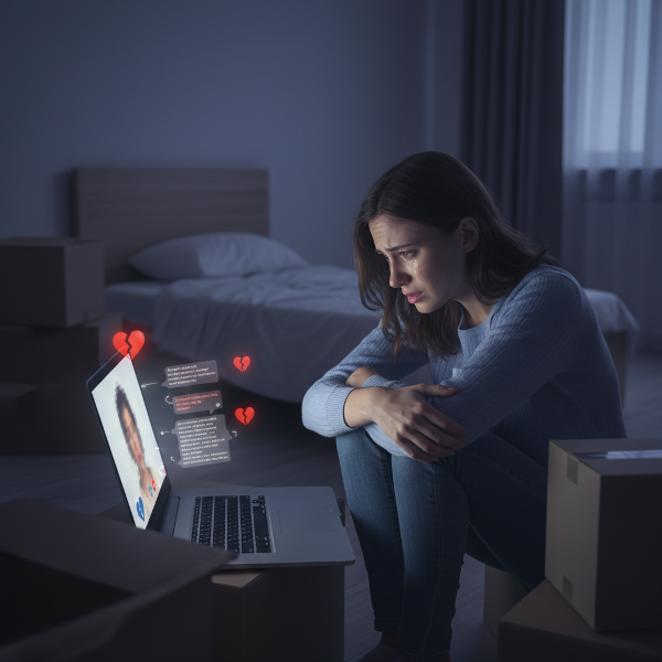 Una donna sola in un appartamento scuro, seduta davanti a un computer con finestre di chat e cuori infranti, simbolo di isolamento e gelosia.