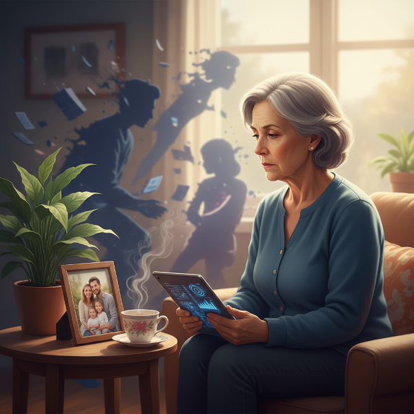 Un'illustrazione che rappresenta una donna matura nel suo studio, divisa tra le responsabilità familiari, la crescita professionale digitale e la cura di sé, circondata da simboli di questi temi.