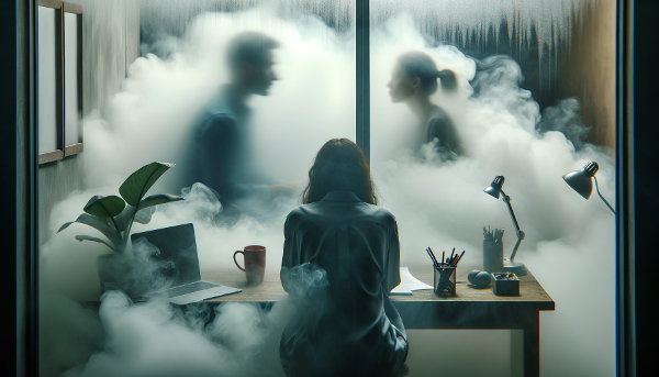 Un'illustrazione simbolica che mostra una donna in primo piano, separata dalla sua vita da un vetro appannato. Dietro di lei, due scene sfocate: un ufficio grigio con figure minacciose e una casa cupa con ombre di controllo. La donna cerca di trovare una piccola luce che filtra attraverso il vetro.