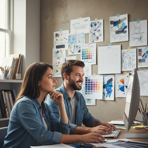 Un'illustrazione che mostra il contrasto emotivo tra la protagonista, immersa nelle sue insicurezze creative, e il partner, concentrato e soddisfatto nel suo lavoro stabile.