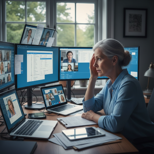 Un'illustrazione che mostra una professionista in età matura in un ambiente di lavoro da casa, circondata da dispositivi digitali, che esprime stress e bisogno di equilibrio.