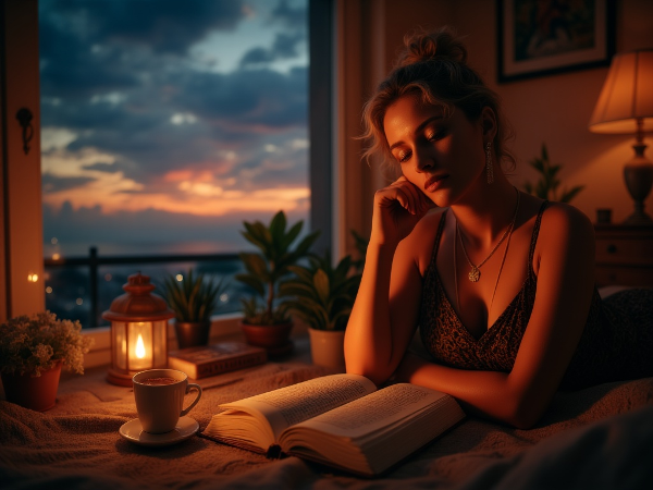 Un'illustrazione che mostra una donna in un momento di quieta riflessione, circondata da un'atmosfera calda e intima, che evoca l'introspezione e la ricerca interiore.